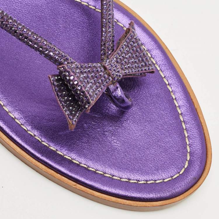 Pre Owned René Caovilla Purple Satin Crystal Embellished Bow Thong Flat Slides Size 40