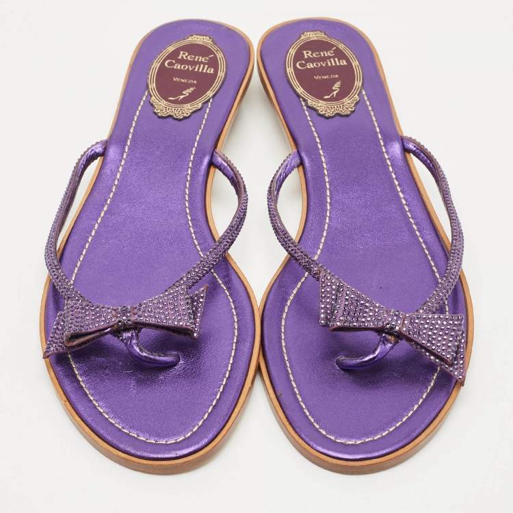 Pre Owned René Caovilla Purple Satin Crystal Embellished Bow Thong Flat Slides Size 40