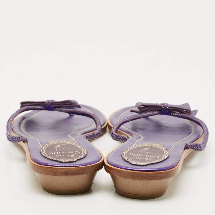 Pre Owned René Caovilla Purple Satin Crystal Embellished Bow Thong Flat Slides Size 40