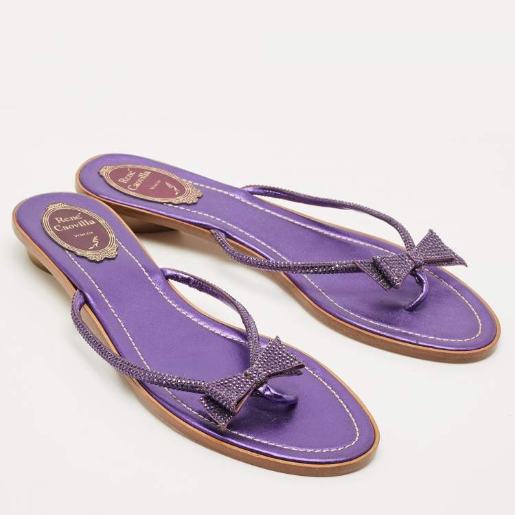 Pre Owned René Caovilla Purple Satin Crystal Embellished Bow Thong Flat Slides Size 40