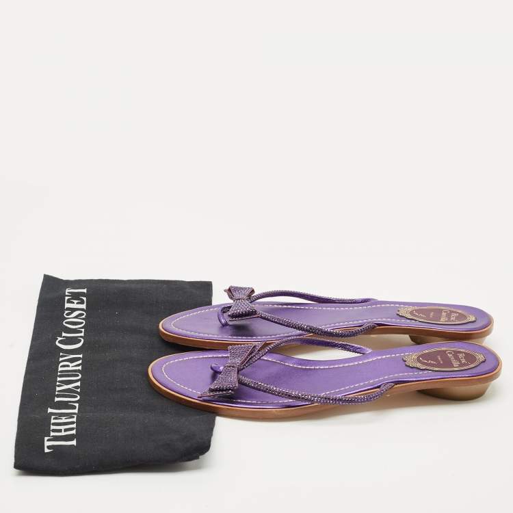 Pre Owned René Caovilla Purple Satin Crystal Embellished Bow Thong Flat Slides Size 40