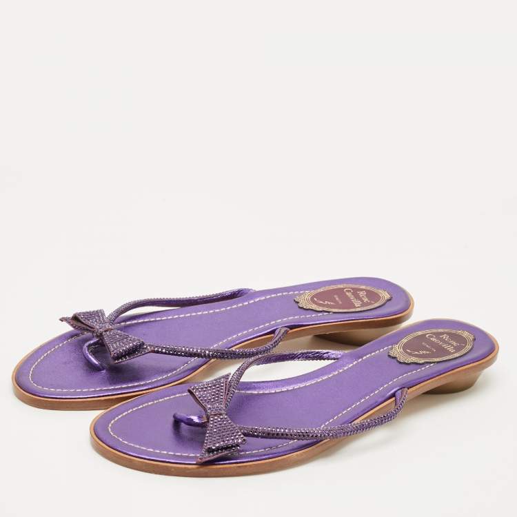 Pre Owned René Caovilla Purple Satin Crystal Embellished Bow Thong Flat Slides Size 40
