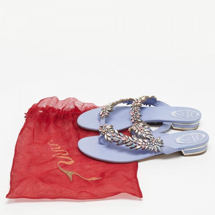 Pre Owned René Caovilla Blue Leather Crystal Embellished Flat Slides Size 41