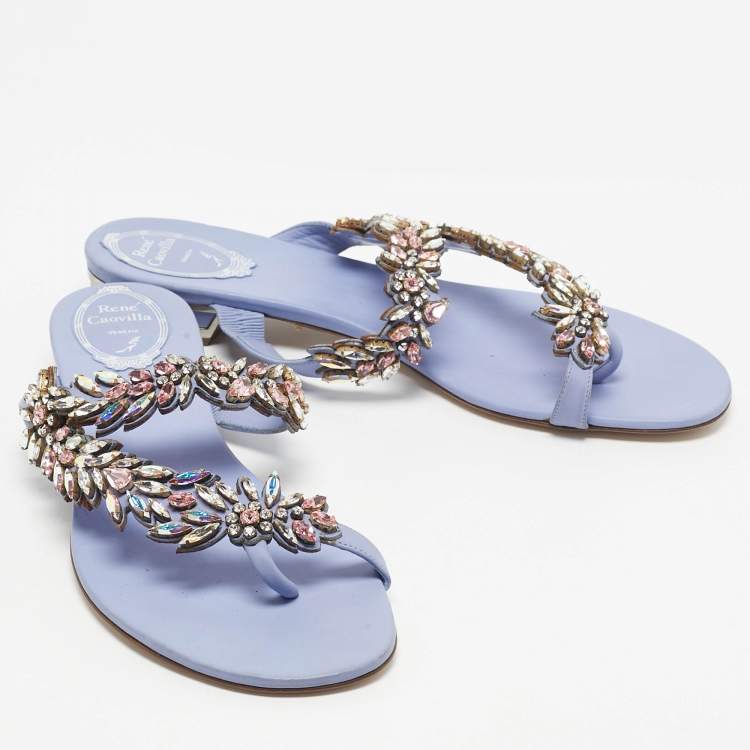 Pre Owned René Caovilla Blue Leather Crystal Embellished Flat Slides Size 41