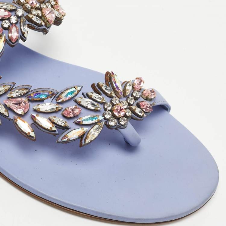 Pre Owned René Caovilla Blue Leather Crystal Embellished Flat Slides Size 41