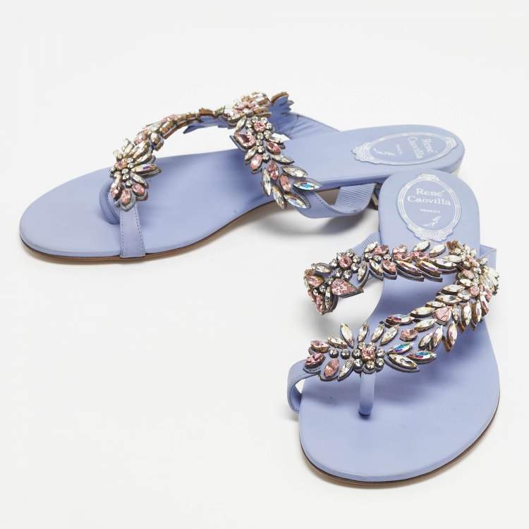 Pre Owned René Caovilla Blue Leather Crystal Embellished Flat Slides Size 41