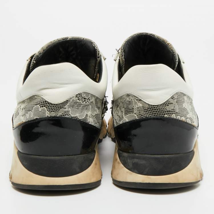 Pre Owned René Caovilla White/Black Leather and Mesh Flower Embellished Lace Up Sneakers Size 39