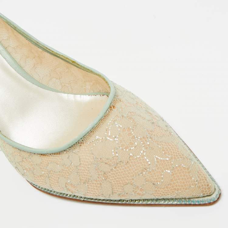 Pre Owned René Caovilla Blue/Beige Lace and Leather Pointed Toe Pumps Size 35.5