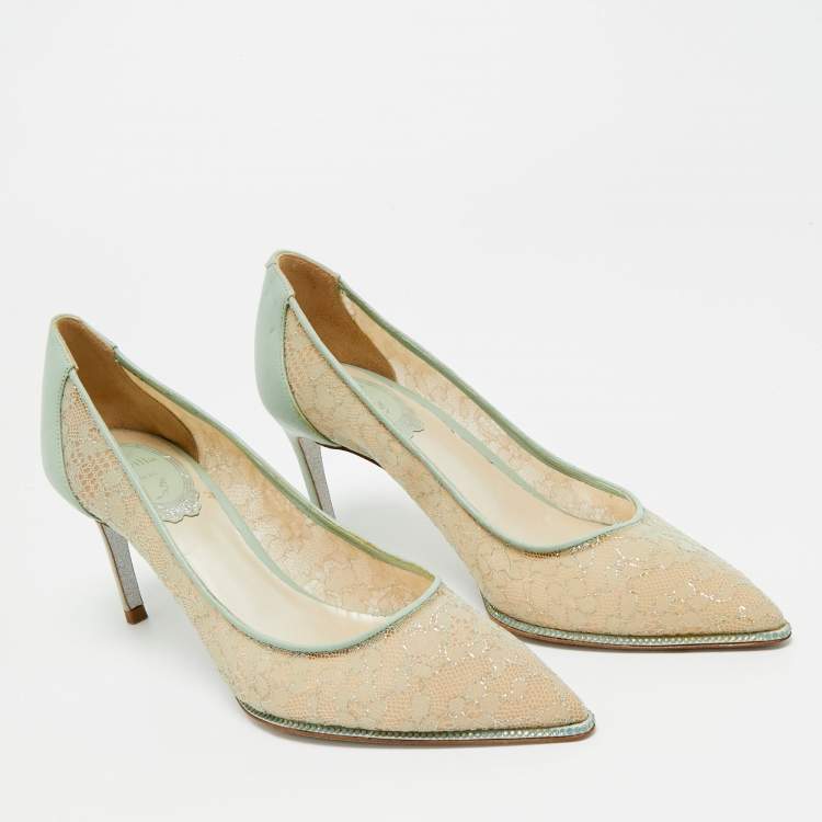 Pre Owned René Caovilla Blue/Beige Lace and Leather Pointed Toe Pumps Size 35.5