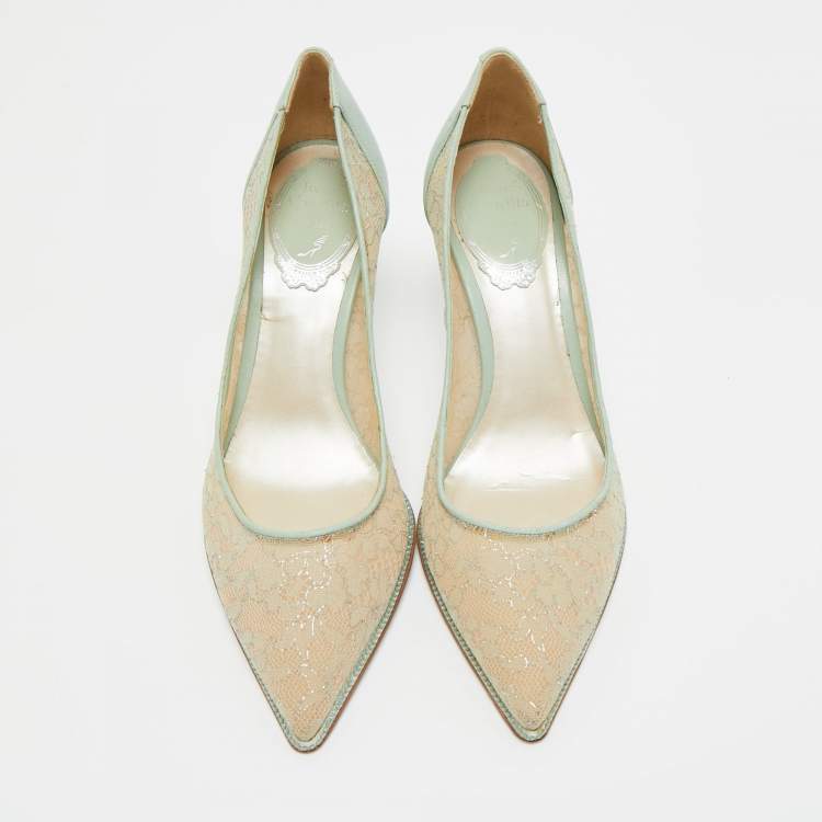 Pre Owned René Caovilla Blue/Beige Lace and Leather Pointed Toe Pumps Size 35.5