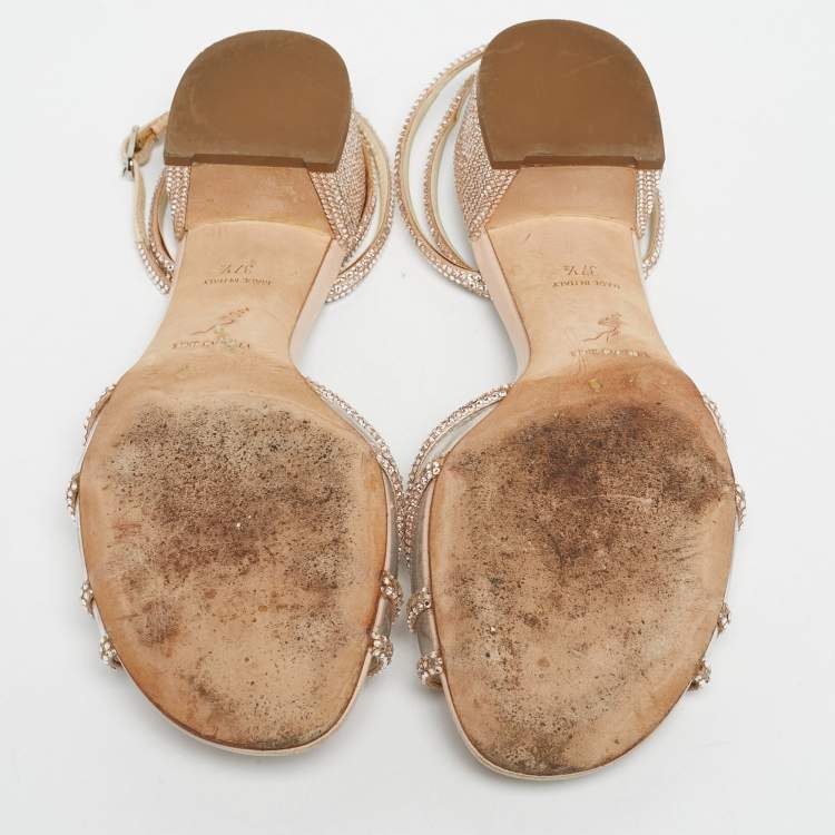 Pre Owned René Caovilla Beige Satin Crystal Embellished  Cleo Ankle Strap Sandals Size 40