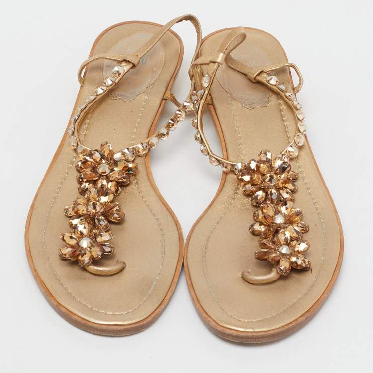 Pre Owned René Caovilla Gold Leather Crystals Embellished Thong Flats Size 38
