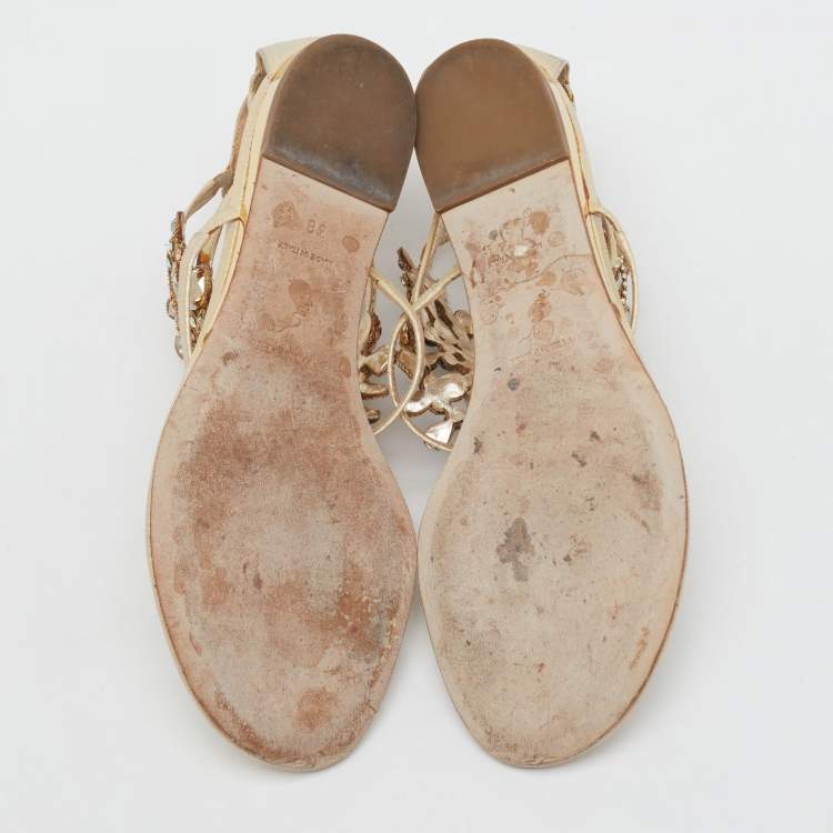 Pre Owned René Caovilla Gold Leather Crystals Embellished T Strap Flats Size 38