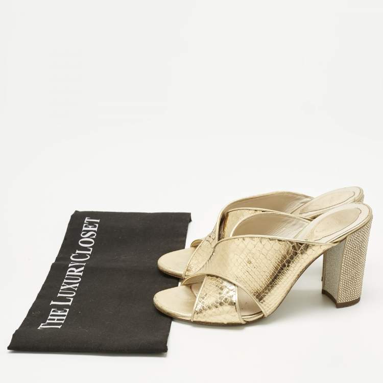 Pre Owned René Caovilla Gold Leather Crisscross Slide Sandals Size 38.5
