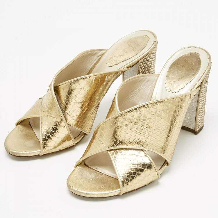 Pre Owned René Caovilla Gold Leather Crisscross Slide Sandals Size 38.5