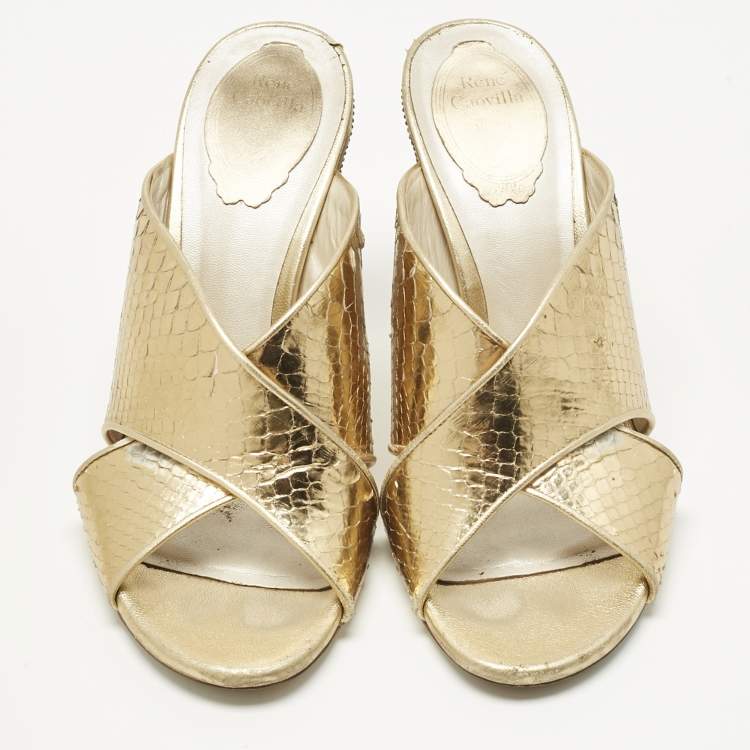 Pre Owned René Caovilla Gold Leather Crisscross Slide Sandals Size 38.5