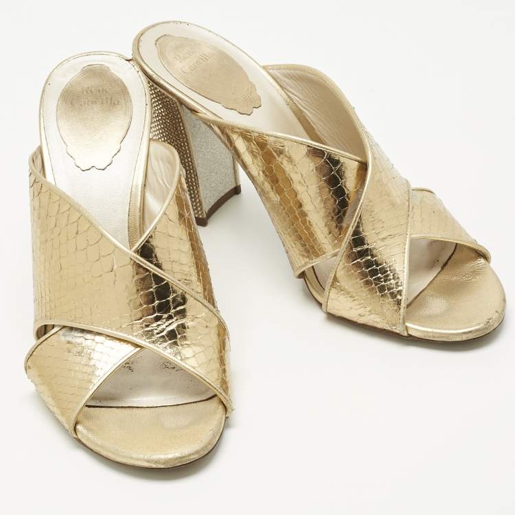 Pre Owned René Caovilla Gold Leather Crisscross Slide Sandals Size 38.5