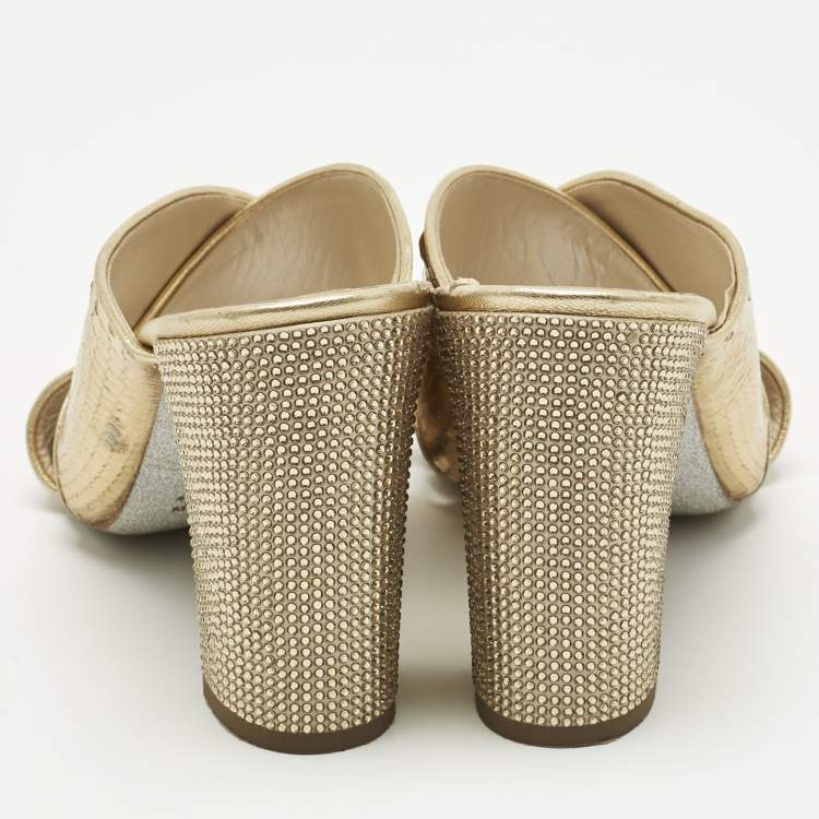Pre Owned René Caovilla Gold Leather Crisscross Slide Sandals Size 38.5