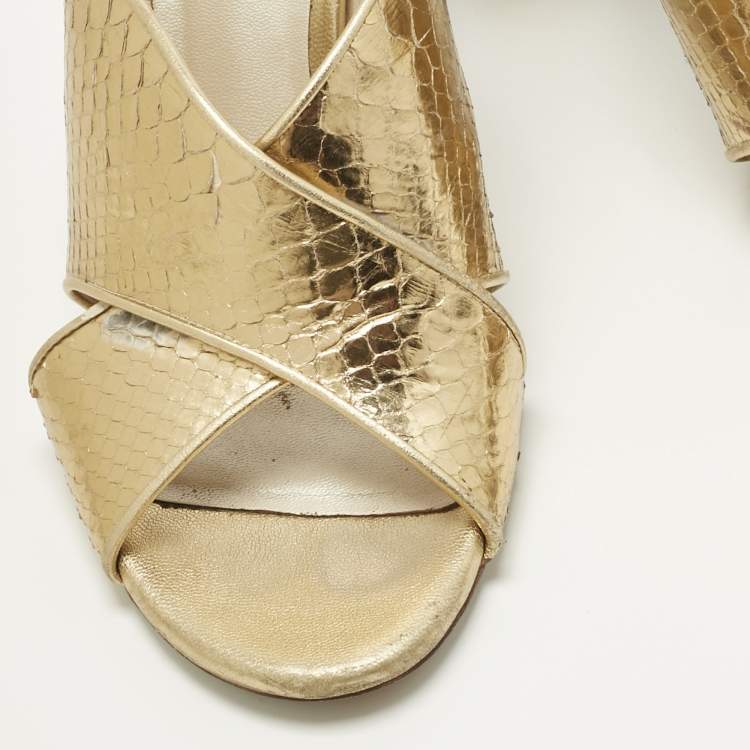 Pre Owned René Caovilla Gold Leather Crisscross Slide Sandals Size 38.5
