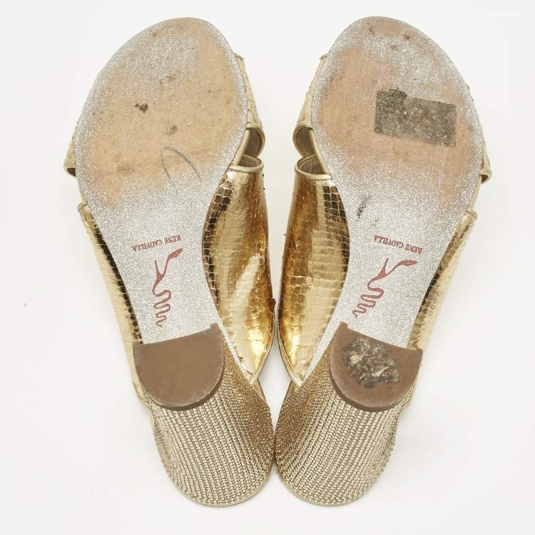 Pre Owned René Caovilla Gold Leather Crisscross Slide Sandals Size 38.5
