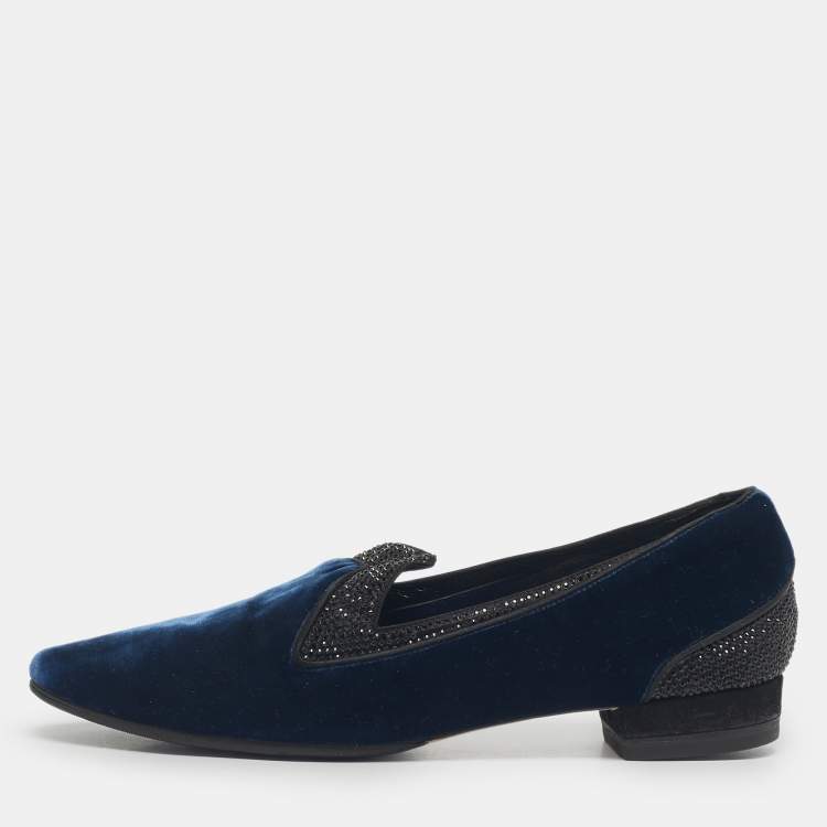 Pre Owned René Caovilla Blue Velvet Crystal Embellished Smoking Slippers Size 35