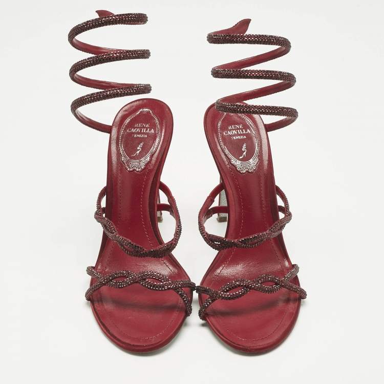 Pre Owned René Caovilla Burgundy Satin Cleo Ankle Strap Sandals Size 39