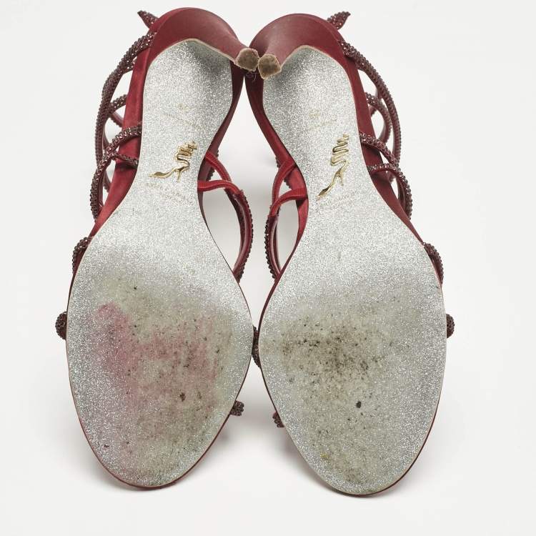 Pre Owned René Caovilla Burgundy Satin Cleo Ankle Strap Sandals Size 39