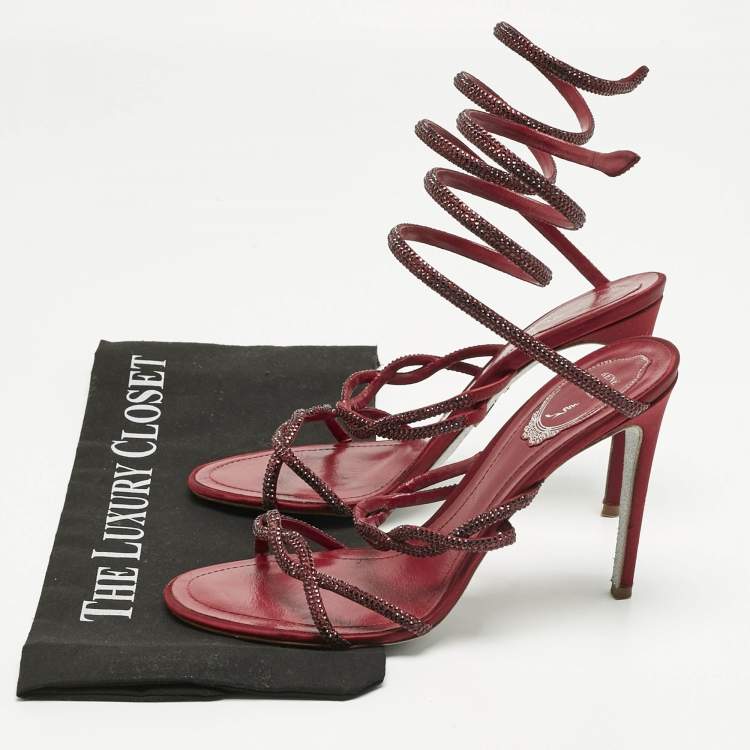 Pre Owned René Caovilla Burgundy Satin Cleo Ankle Strap Sandals Size 39