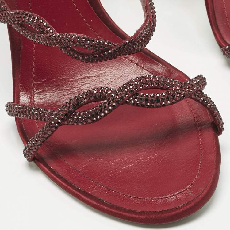 Pre Owned René Caovilla Burgundy Satin Cleo Ankle Strap Sandals Size 39