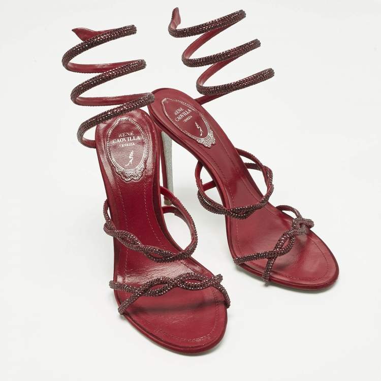 Pre Owned René Caovilla Burgundy Satin Cleo Ankle Strap Sandals Size 39