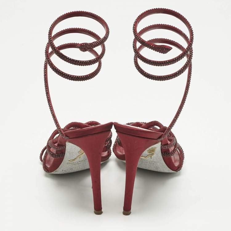 Pre Owned René Caovilla Burgundy Satin Cleo Ankle Strap Sandals Size 39