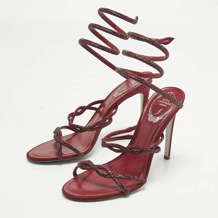Pre Owned René Caovilla Burgundy Satin Cleo Ankle Strap Sandals Size 39