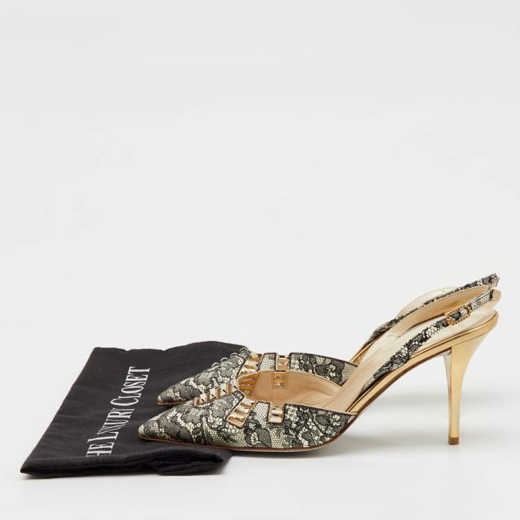 Pre Owned Rene Caovilla Black/White Leather and Lace Crystal Embellished Slingback Pumps Size 40