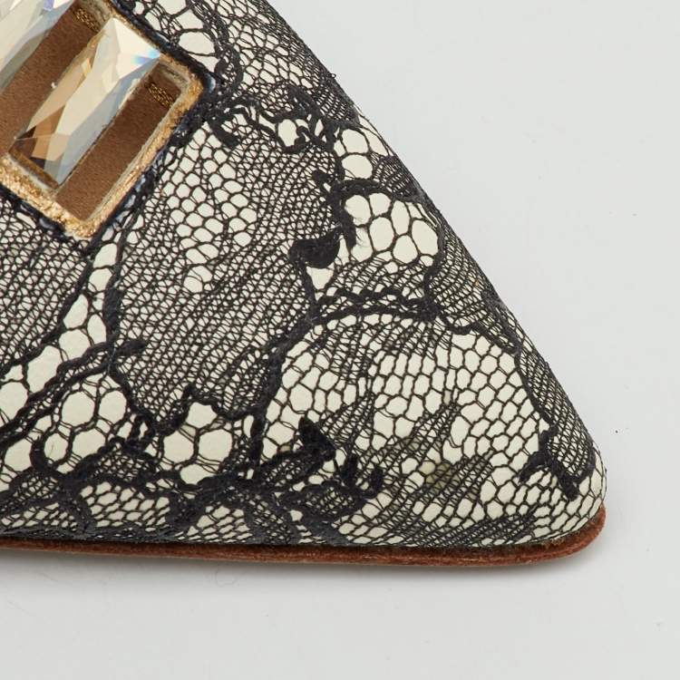 Pre Owned Rene Caovilla Black/White Leather and Lace Crystal Embellished Slingback Pumps Size 40