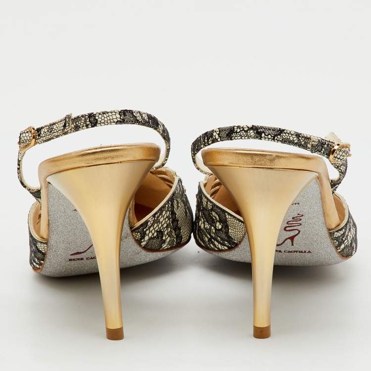 Pre Owned Rene Caovilla Black/White Leather and Lace Crystal Embellished Slingback Pumps Size 40