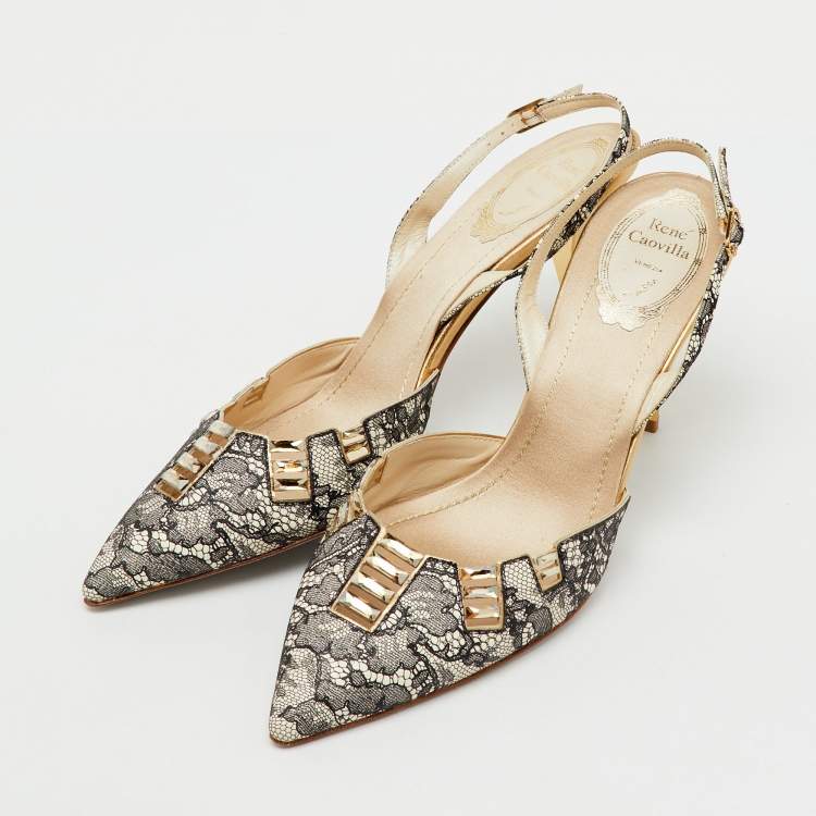 Pre Owned Rene Caovilla Black/White Leather and Lace Crystal Embellished Slingback Pumps Size 40