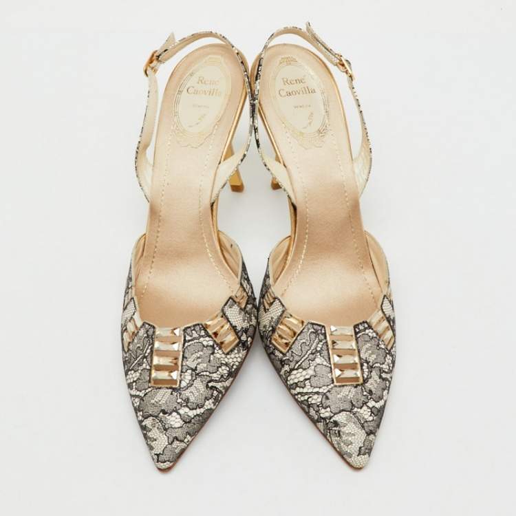 Pre Owned Rene Caovilla Black/White Leather and Lace Crystal Embellished Slingback Pumps Size 40