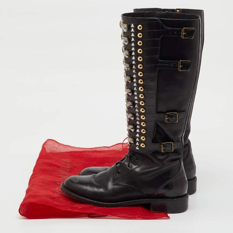 Pre Owned René Caovilla Black Croc Embossed and Leather Crystal Studded Knee Boots Size 36.5