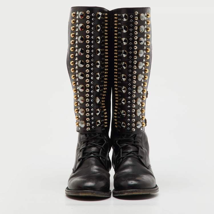 Pre Owned René Caovilla Black Croc Embossed and Leather Crystal Studded Knee Boots Size 36.5