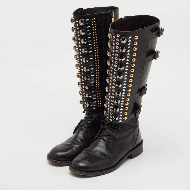 Pre Owned René Caovilla Black Croc Embossed and Leather Crystal Studded Knee Boots Size 36.5