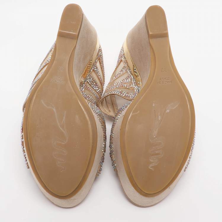 Pre Owned Rene Caovilla Beige Crystal Embellished Fabric And Mesh Platform Wedge Slides Size 37