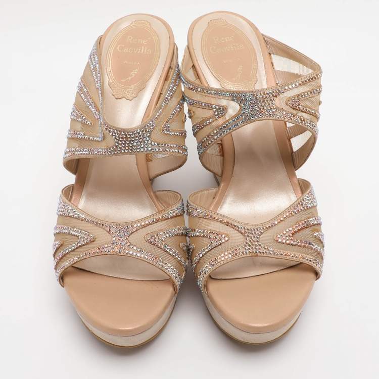 Pre Owned Rene Caovilla Beige Crystal Embellished Fabric And Mesh Platform Wedge Slides Size 37