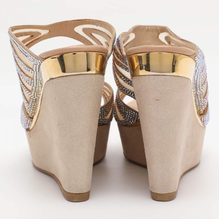 Pre Owned Rene Caovilla Beige Crystal Embellished Fabric And Mesh Platform Wedge Slides Size 37