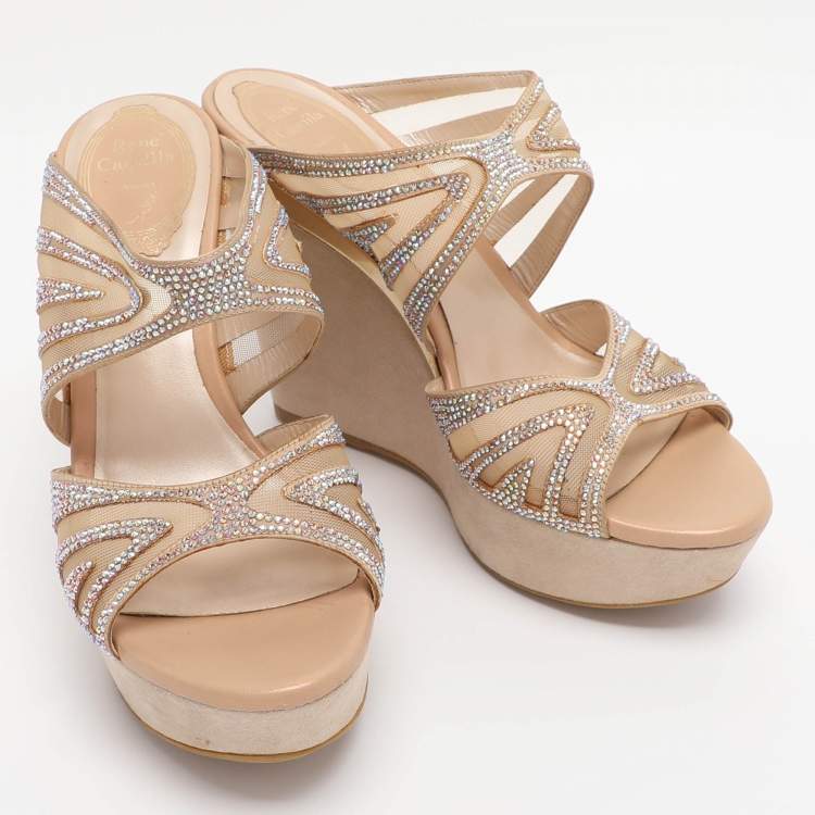 Pre Owned Rene Caovilla Beige Crystal Embellished Fabric And Mesh Platform Wedge Slides Size 37