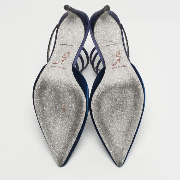 Pre Owned Rene Caovilla Navy Blue Velvet Cleo Crystal Embellished Ankle Wrap Pumps Size 38