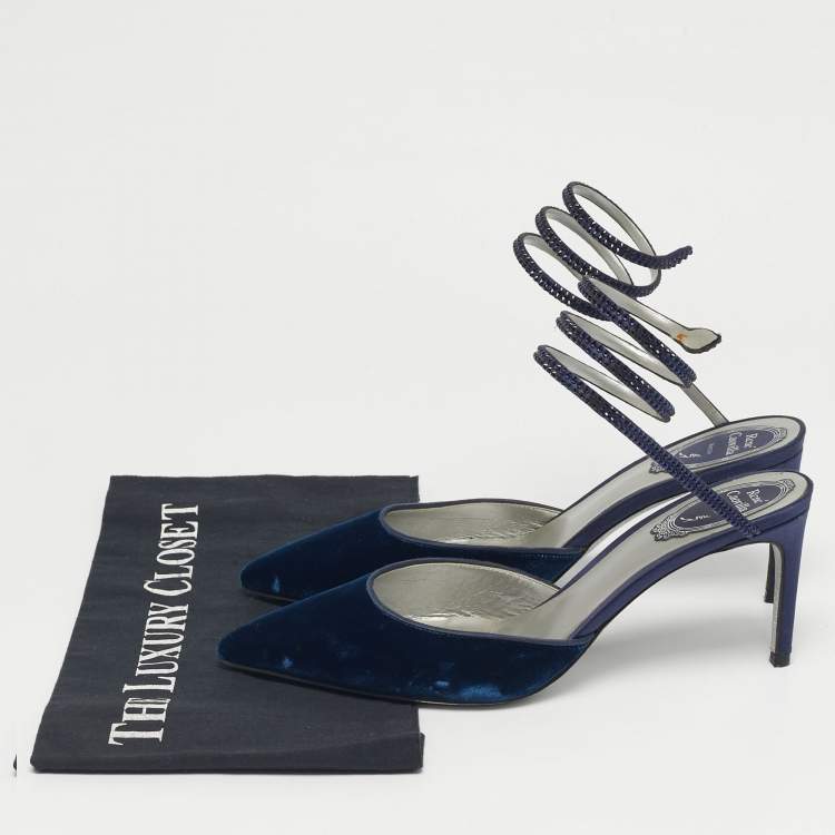 Pre Owned Rene Caovilla Navy Blue Velvet Cleo Crystal Embellished Ankle Wrap Pumps Size 38
