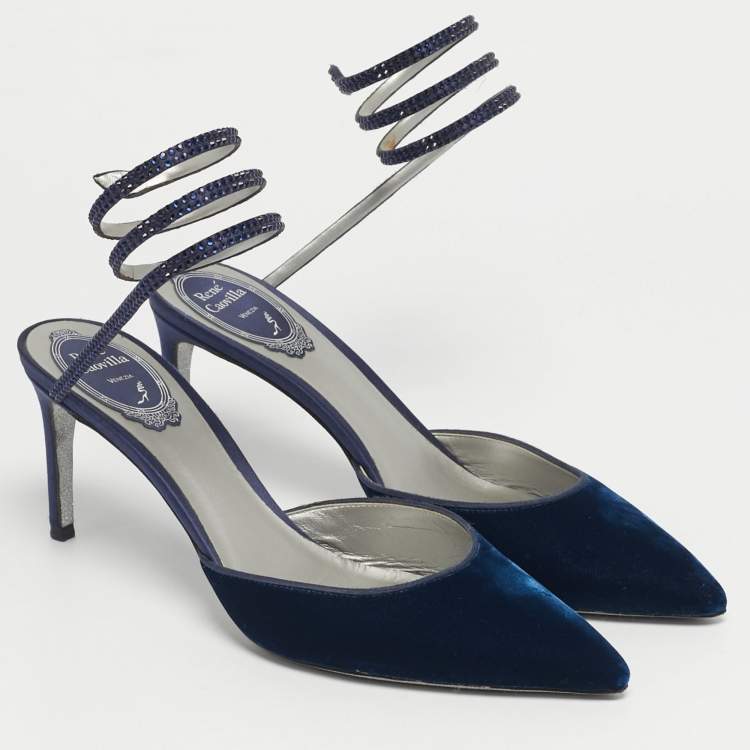 Pre Owned Rene Caovilla Navy Blue Velvet Cleo Crystal Embellished Ankle Wrap Pumps Size 38