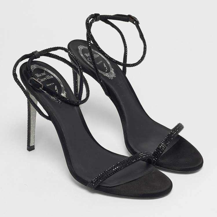 Pre Owned René Caovilla Black Satin Crystal Embellished Ankle Wrap Sandals Size 38