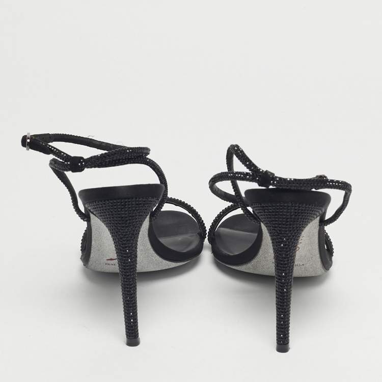 Pre Owned René Caovilla Black Satin Crystal Embellished Ankle Wrap Sandals Size 38