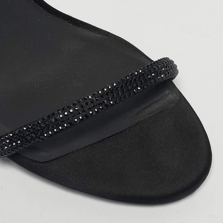 Pre Owned René Caovilla Black Satin Crystal Embellished Ankle Wrap Sandals Size 38
